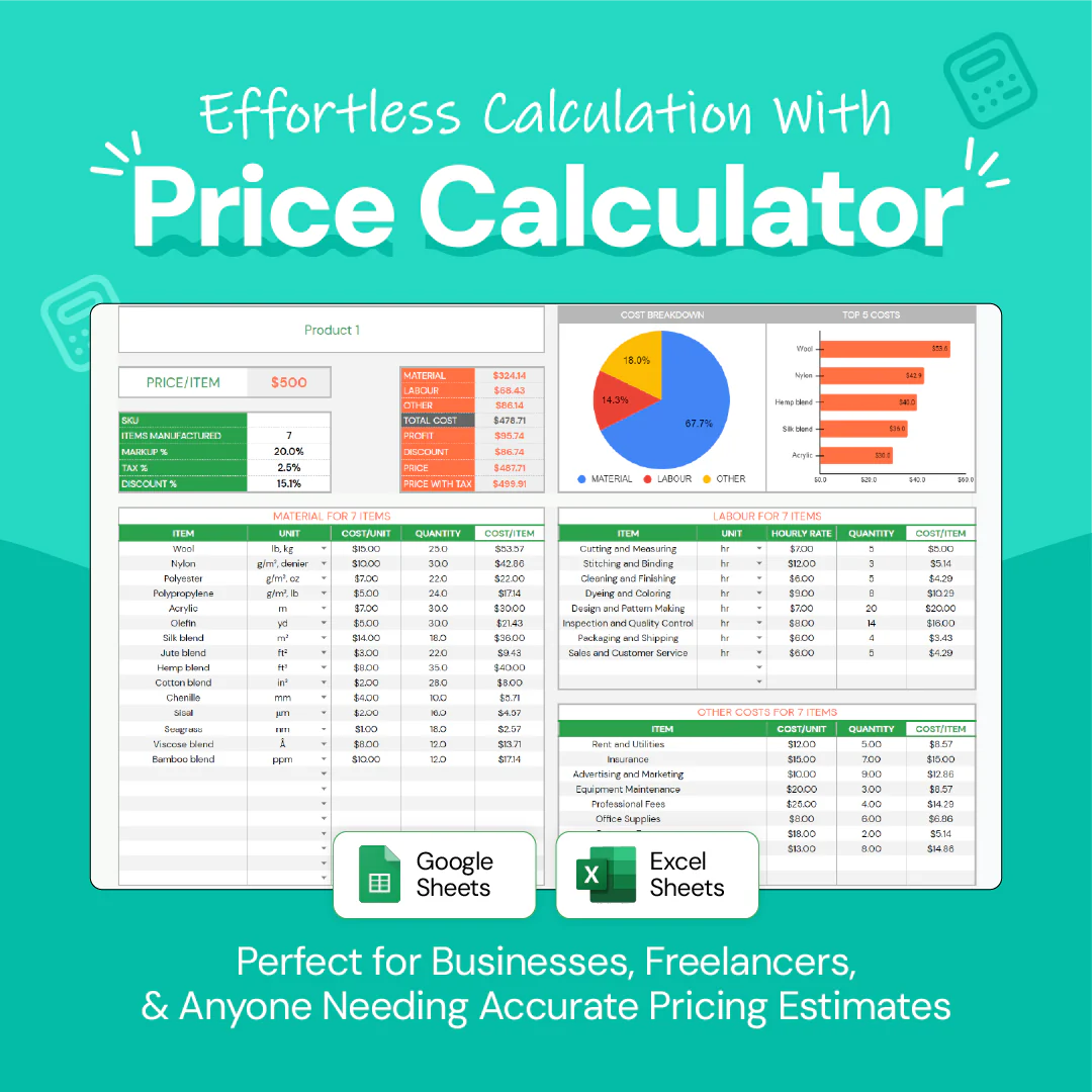 price calculator, cost analysis, profit calculator, pricing strategy, profit management, cost breakdown, profit margins, pricing tool, product pricing, cost management, pricing optimization, price estimation, detailed cost calculation, profit visualization, pricing insights, cost efficiency, cost tracking, customizable pricing, financial analysis, profit tracking