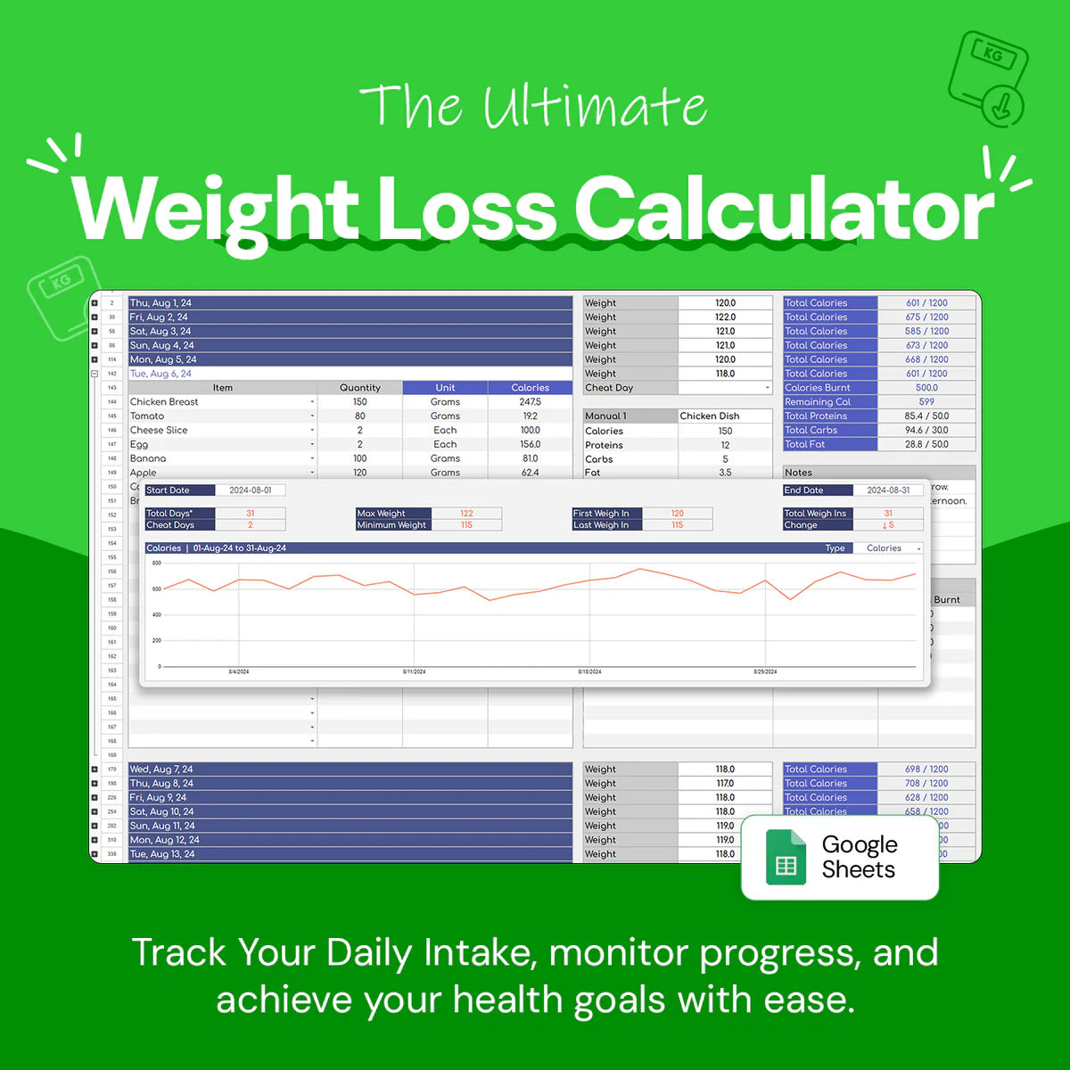 weight loss tracker, fitness goals template, Google Sheets fitness tracker, calorie tracker, protein and carb calculator, weight gain tracker, exercise log, food database, fitness progress tracker, calorie management, health tracker, nutrition tracker, workout tracker, fitness template, weight management tool, dietary tracker, health goals template, calorie counting sheet, exercise and diet planner, progress visualization