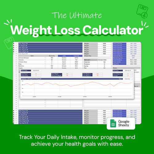 weight loss tracker, fitness goals template, Google Sheets fitness tracker, calorie tracker, protein and carb calculator, weight gain tracker, exercise log, food database, fitness progress tracker, calorie management, health tracker, nutrition tracker, workout tracker, fitness template, weight management tool, dietary tracker, health goals template, calorie counting sheet, exercise and diet planner, progress visualization