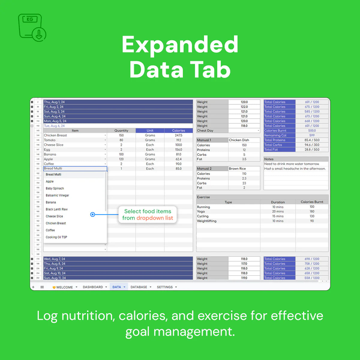 weight loss tracker, fitness goals template, Google Sheets fitness tracker, calorie tracker, protein and carb calculator, weight gain tracker, exercise log, food database, fitness progress tracker, calorie management, health tracker, nutrition tracker, workout tracker, fitness template, weight management tool, dietary tracker, health goals template, calorie counting sheet, exercise and diet planner, progress visualization