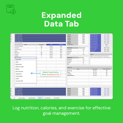 weight loss tracker, fitness goals template, Google Sheets fitness tracker, calorie tracker, protein and carb calculator, weight gain tracker, exercise log, food database, fitness progress tracker, calorie management, health tracker, nutrition tracker, workout tracker, fitness template, weight management tool, dietary tracker, health goals template, calorie counting sheet, exercise and diet planner, progress visualization