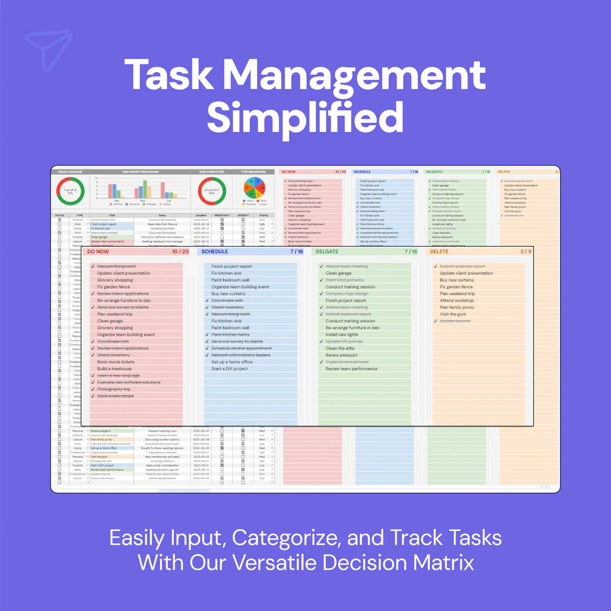 task priority tracker, task management, priority task planner, Eisenhower matrix, swimlane view, task prioritization, task delegation, deadline tracker, task completion tracker, task urgency tracker, task importance tracker, task progress visualization, task logging, project task management, task scheduling tool, task tracking template, priority task list, task organization, task planner template, task monitoring tool