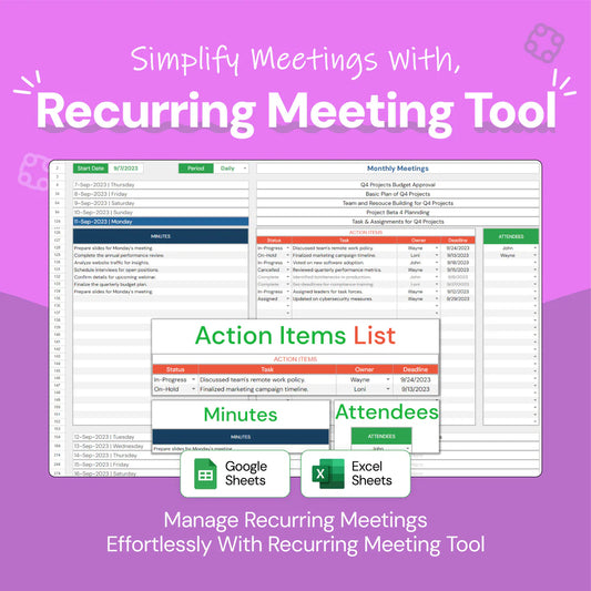 recurring meeting template, meeting organizer, meeting management tool, recurring meeting planner, meeting tracking template, action item tracker, meeting record keeper, meeting schedule template, detailed meeting log, central meeting organizer, recurring meeting tracker, meeting details template, meeting management system, agenda and minutes tracker, meeting efficiency tool, meeting documentation, meeting planner, meeting record organizer, centralized meeting notes, recurring meeting scheduler