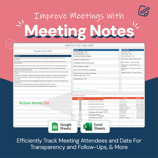 meeting notes template, meeting agenda, meeting minutes template, action item tracker, agenda planner, meeting organizer, task assignment tracker, meeting template, meeting insights, meeting format, meeting minute recording, agenda creation tool, meeting management template, meeting notes organizer, team meeting template, project meeting tracker, task assignment planner, meeting accountability tracker, professional meeting notes, meeting documentation tool